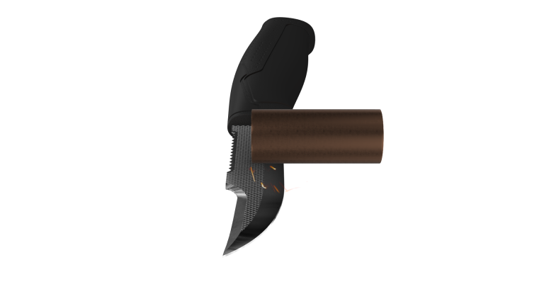 knife filing a copperpipe with file function on the side of the stainless steel blade